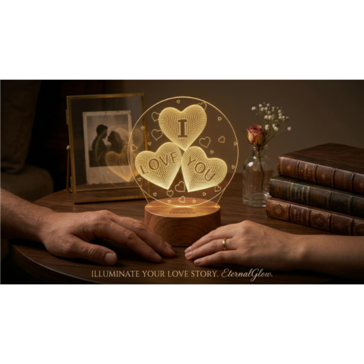 Glowing lamp with heart design on a table with hands reaching towards it, surrounded by books and a photo frame.