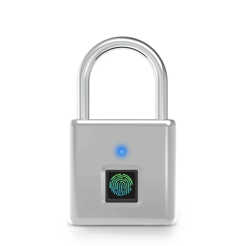 Silver smart fingerprint lock with blue LED indicator and fingerprint reader, minimalist modern design for home security